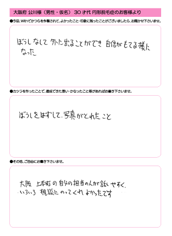 公川様(仮名) 31歳 大阪府 (男性) 円形脱毛症