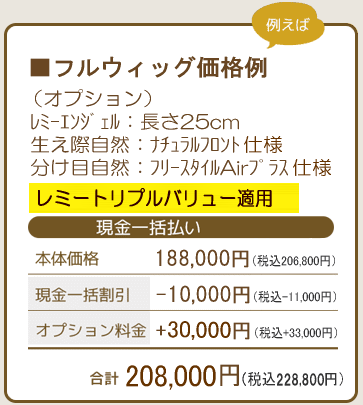 オーダーメイドフルウィッグ価格例